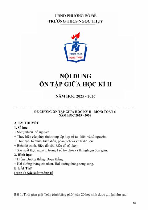 Đề cương ôn tập Giữa kì 2 Toán 6 năm 2025–2026 trường THCS Ngọc Thụy (Hà Nội)